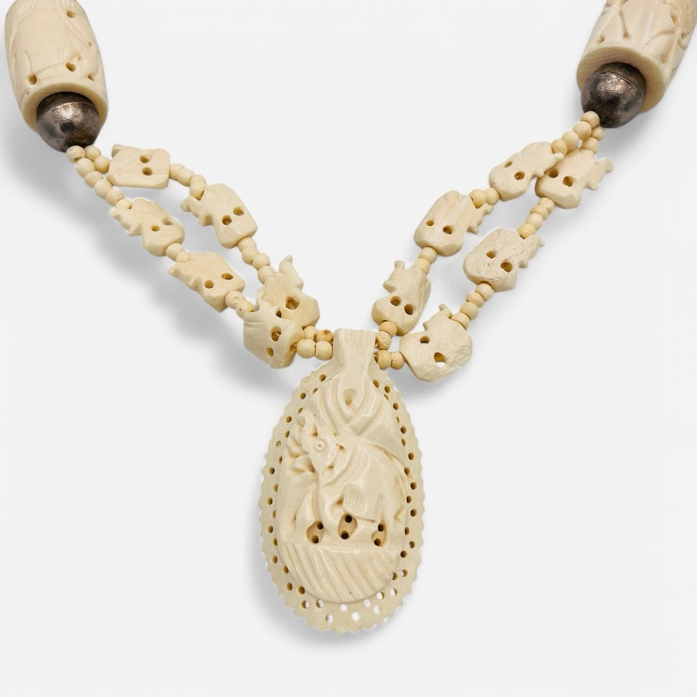 Vintage Elephant Necklace Carved Cow Bone Silver‎ 27" Fetish